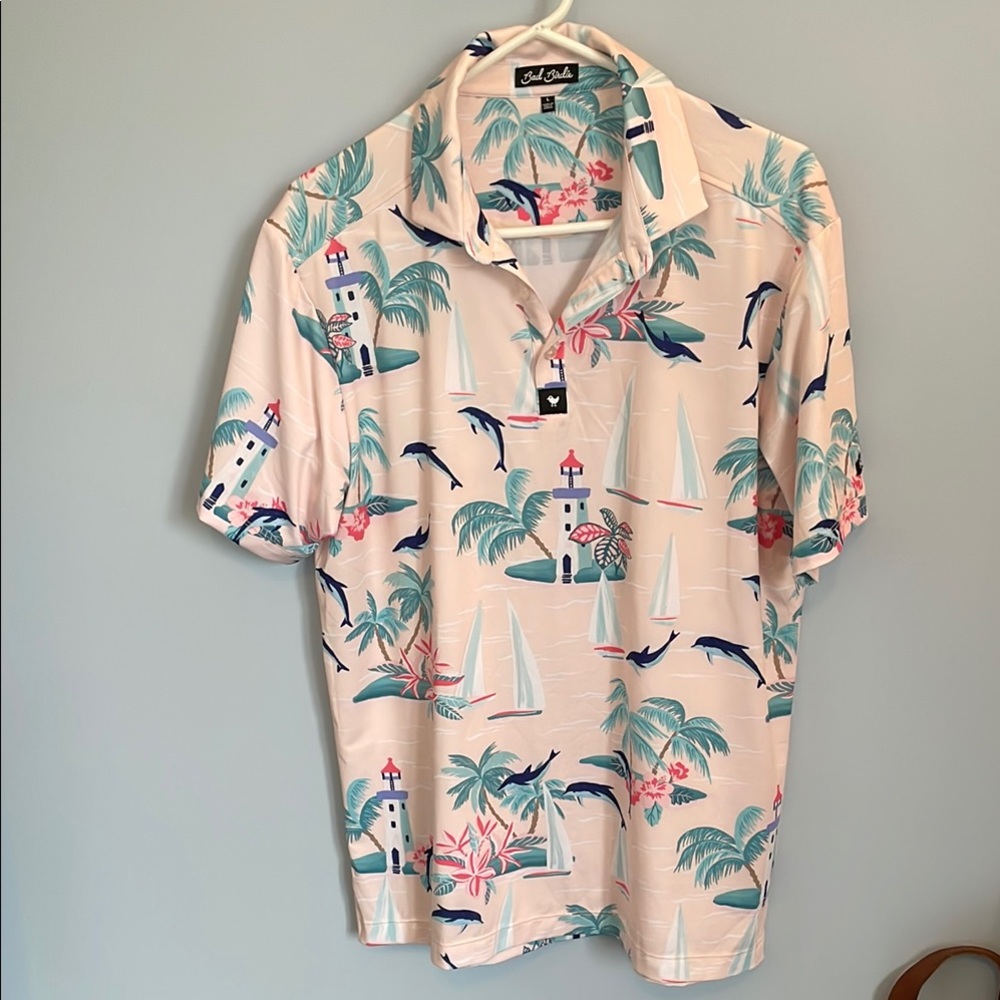 Bad Birdie Marino performance golf polo shirt Tropical Print Mens Large